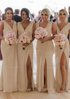 Party Dress Brands, Sheath/Column Cowl Neck Sleeveless Chiffon Bridesmaid Dresses With Pleated Split