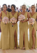 Party Dress Dress Code, Sheath/Column Cowl Neck Sleeveless Chiffon Bridesmaid Dresses With Pleated Split