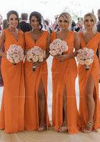 Party Dress Long, Sheath/Column Cowl Neck Sleeveless Chiffon Bridesmaid Dresses With Pleated Split