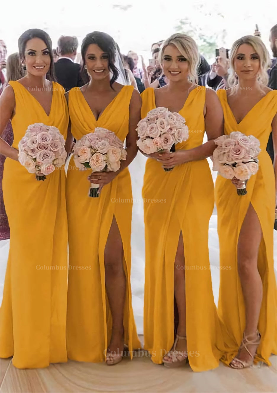 Party Dresses Long, Sheath/Column Cowl Neck Sleeveless Chiffon Bridesmaid Dresses With Pleated Split