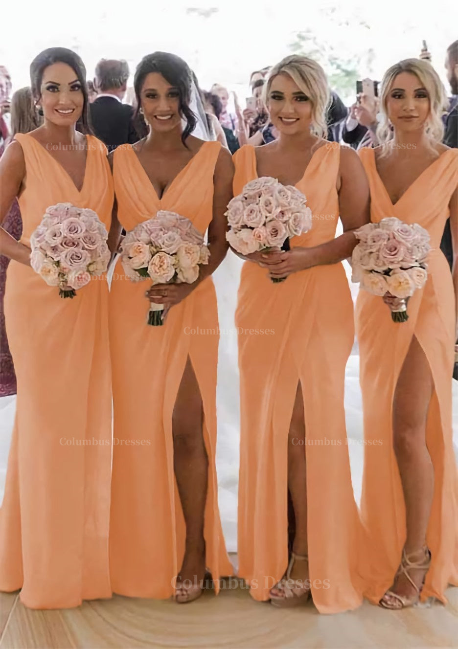 Party Dresses Long Dresses, Sheath/Column Cowl Neck Sleeveless Chiffon Bridesmaid Dresses With Pleated Split