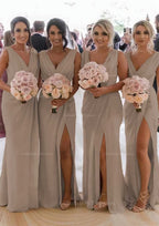 Party Dress Long Dress, Sheath/Column Cowl Neck Sleeveless Chiffon Bridesmaid Dresses With Pleated Split