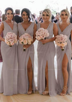 Party Dresses Express, Sheath/Column Cowl Neck Sleeveless Chiffon Bridesmaid Dresses With Pleated Split