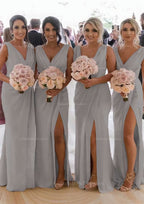 Party Dress Express, Sheath/Column Cowl Neck Sleeveless Chiffon Bridesmaid Dresses With Pleated Split