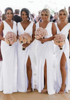 Party Dress And Style, Sheath/Column Cowl Neck Sleeveless Chiffon Bridesmaid Dresses With Pleated Split
