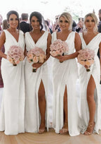 Party Dress Brands Usa, Sheath/Column Cowl Neck Sleeveless Chiffon Bridesmaid Dresses With Pleated Split
