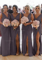 Party Dress Pinterest, Sheath/Column Cowl Neck Sleeveless Chiffon Bridesmaid Dresses With Pleated Split