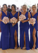 Party Dresses Shorts, Sheath/Column Cowl Neck Sleeveless Chiffon Bridesmaid Dresses With Pleated Split