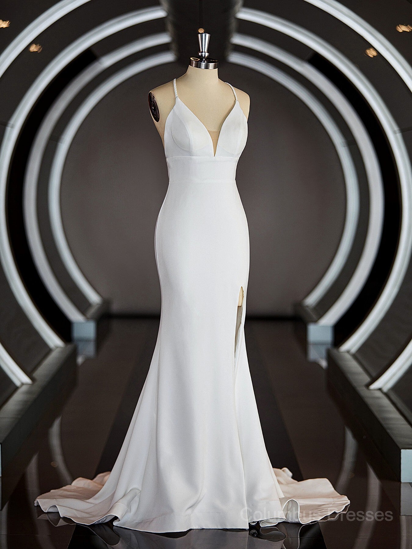 Wedding Dress A Line Lace, Sheath/Column Halter Sweep Train Stretch Crepe Wedding Dresses with Leg Slit Main image