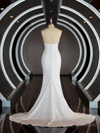 Wedding Dress And Veil, Sheath/Column Halter Sweep Train Stretch Crepe Wedding Dresses with Leg Slit