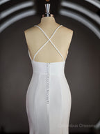 Wedding Dress Flower, Sheath/Column Halter Sweep Train Stretch Crepe Wedding Dresses with Leg Slit