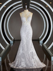 Wedding Dresses Top, Sheath/Column Scoop Court Train Lace Wedding Dresses with Appliques Lace