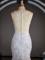Wedding Dress Under 207, Sheath/Column Scoop Court Train Lace Wedding Dresses with Appliques Lace