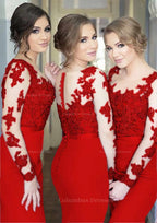 2053 Prom Dress, Sheath/Column Scoop Neck Full/Long Sleeve Long/Floor-Length Elastic Satin Bridesmaid Dresses With Appliqued