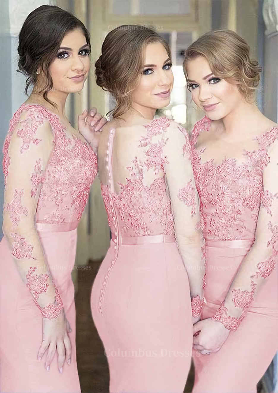 Corset Dress, Sheath/Column Scoop Neck Full/Long Sleeve Long/Floor-Length Elastic Satin Bridesmaid Dresses With Appliqued