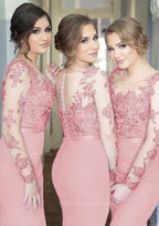 Sweet 45 Dress, Sheath/Column Scoop Neck Full/Long Sleeve Long/Floor-Length Elastic Satin Bridesmaid Dresses With Appliqued