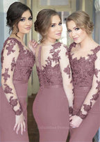 Fairytale Dress, Sheath/Column Scoop Neck Full/Long Sleeve Long/Floor-Length Elastic Satin Bridesmaid Dresses With Appliqued
