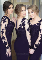 Silk Dress, Sheath/Column Scoop Neck Full/Long Sleeve Long/Floor-Length Elastic Satin Bridesmaid Dresses With Appliqued