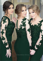 Classy Dress, Sheath/Column Scoop Neck Full/Long Sleeve Long/Floor-Length Elastic Satin Bridesmaid Dresses With Appliqued