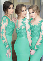 Semi Formal Dress, Sheath/Column Scoop Neck Full/Long Sleeve Long/Floor-Length Elastic Satin Bridesmaid Dresses With Appliqued