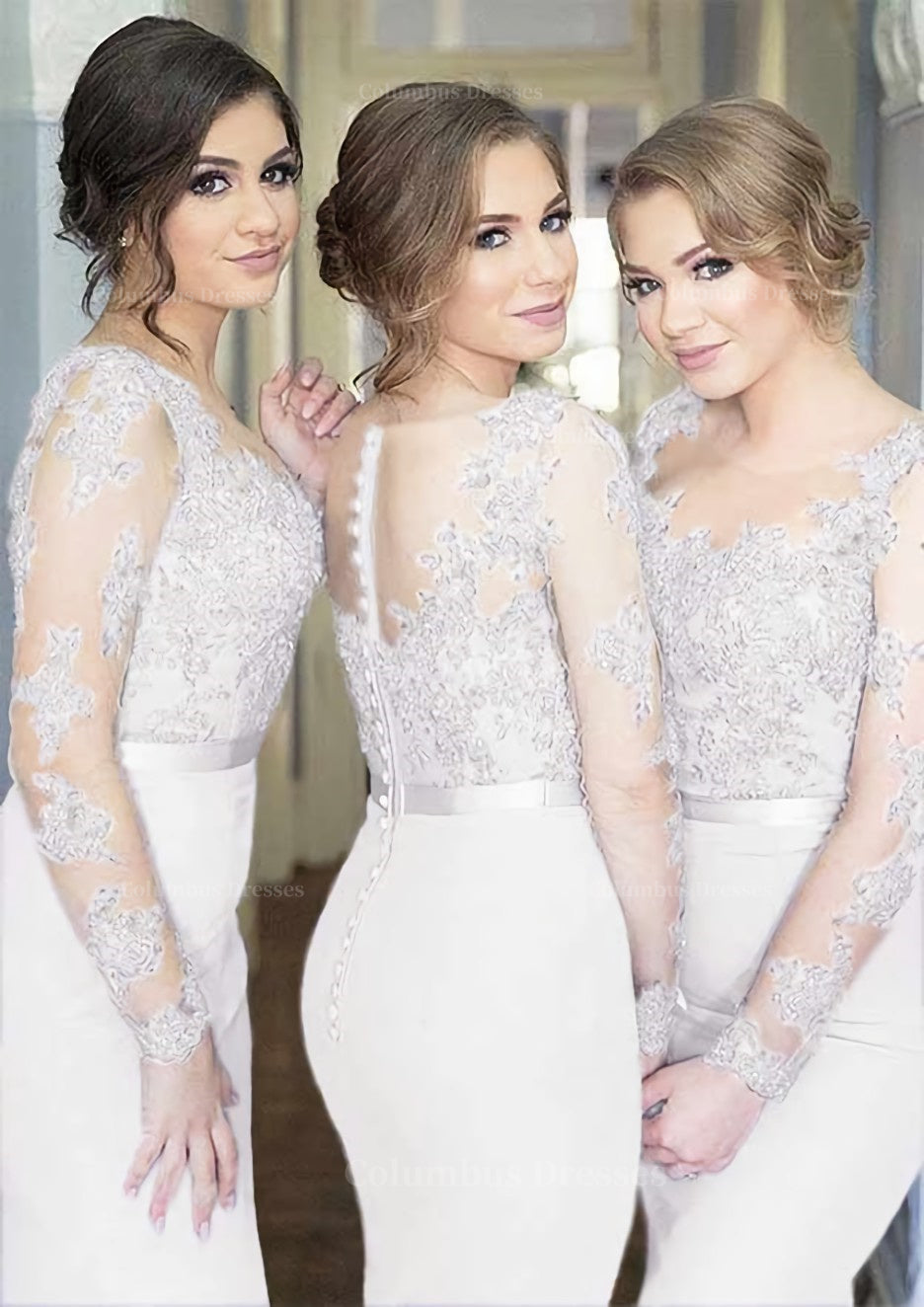 Unique Prom Dress, Sheath/Column Scoop Neck Full/Long Sleeve Long/Floor-Length Elastic Satin Bridesmaid Dresses With Appliqued