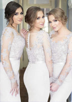 Unique Prom Dress, Sheath/Column Scoop Neck Full/Long Sleeve Long/Floor-Length Elastic Satin Bridesmaid Dresses With Appliqued