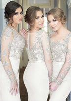 Gold Dress, Sheath/Column Scoop Neck Full/Long Sleeve Long/Floor-Length Elastic Satin Bridesmaid Dresses With Appliqued