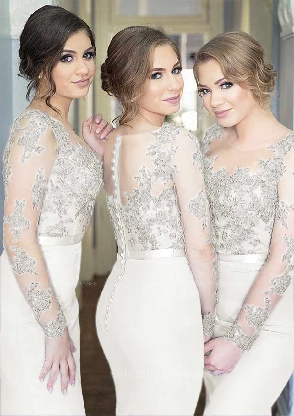 Gold Dress, Sheath/Column Scoop Neck Full/Long Sleeve Long/Floor-Length Elastic Satin Bridesmaid Dresses With Appliqued