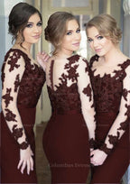 Princess Dress, Sheath/Column Scoop Neck Full/Long Sleeve Long/Floor-Length Elastic Satin Bridesmaid Dresses With Appliqued