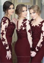 Evening Dress Elegant, Sheath/Column Scoop Neck Full/Long Sleeve Long/Floor-Length Elastic Satin Bridesmaid Dresses With Appliqued