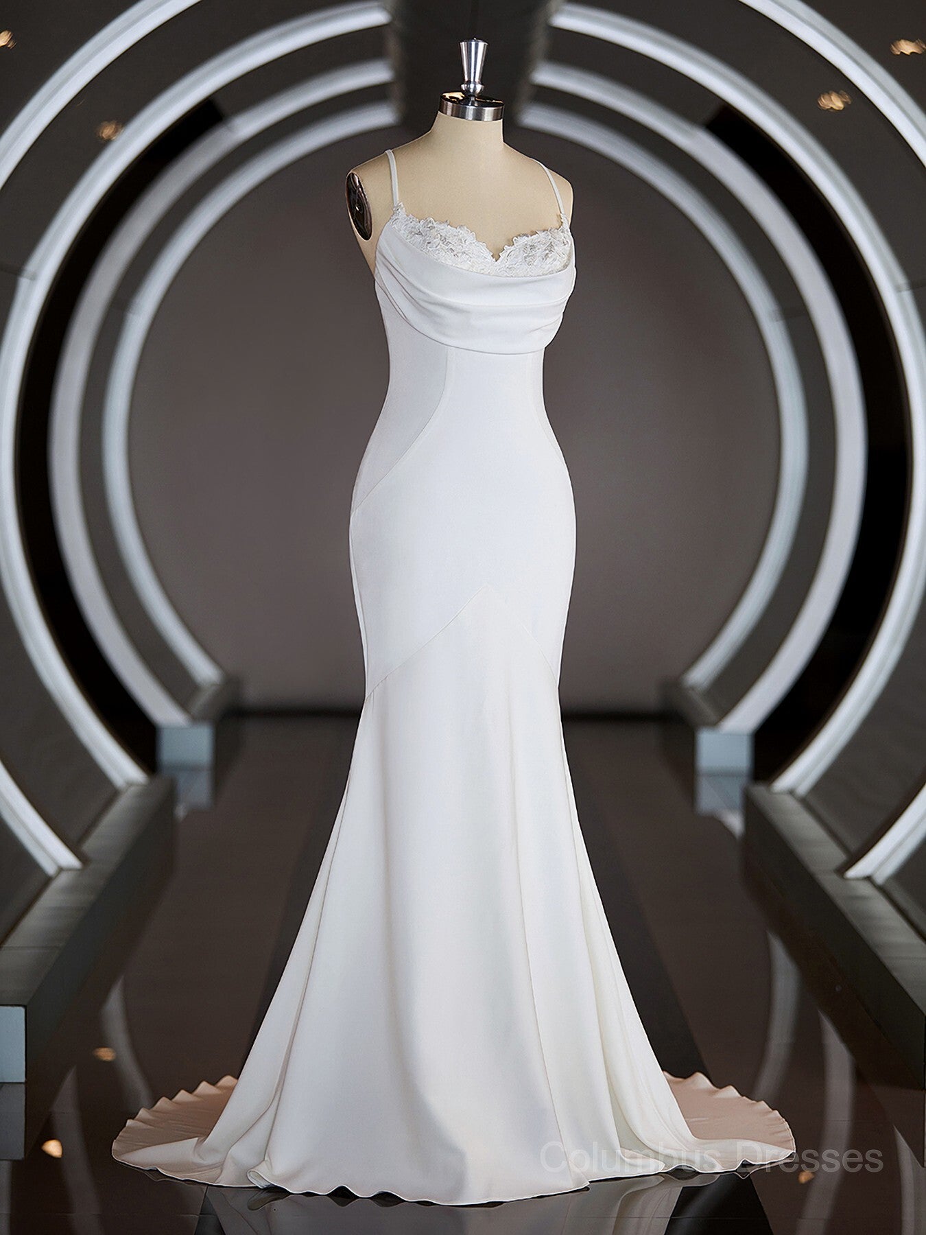 Wedding Dress Long Sleeved, Sheath/Column Square Court Train Stretch Crepe Wedding Dresses with Ruffles Main image