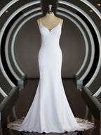 Wedding Dresse Vintage Lace, Sheath/Column V-neck Court Train Stretch Crepe Wedding Dresses with Ruffles