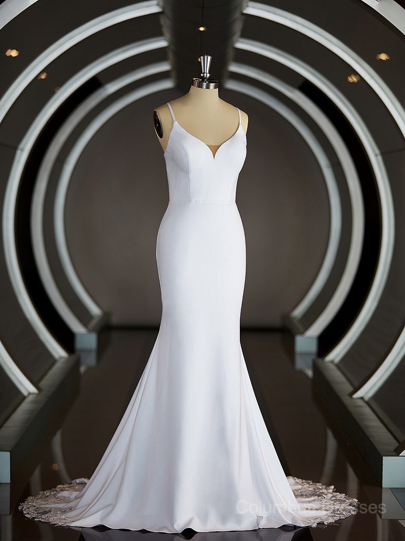Wedding Dresses Budget, Sheath/Column V-neck Court Train Stretch Crepe Wedding Dresses with Ruffles Main image