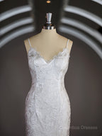 Wedding Dress Classy Elegant, Sheath/Column V-neck Sweep Train Lace Wedding Dresses with Appliques Lace