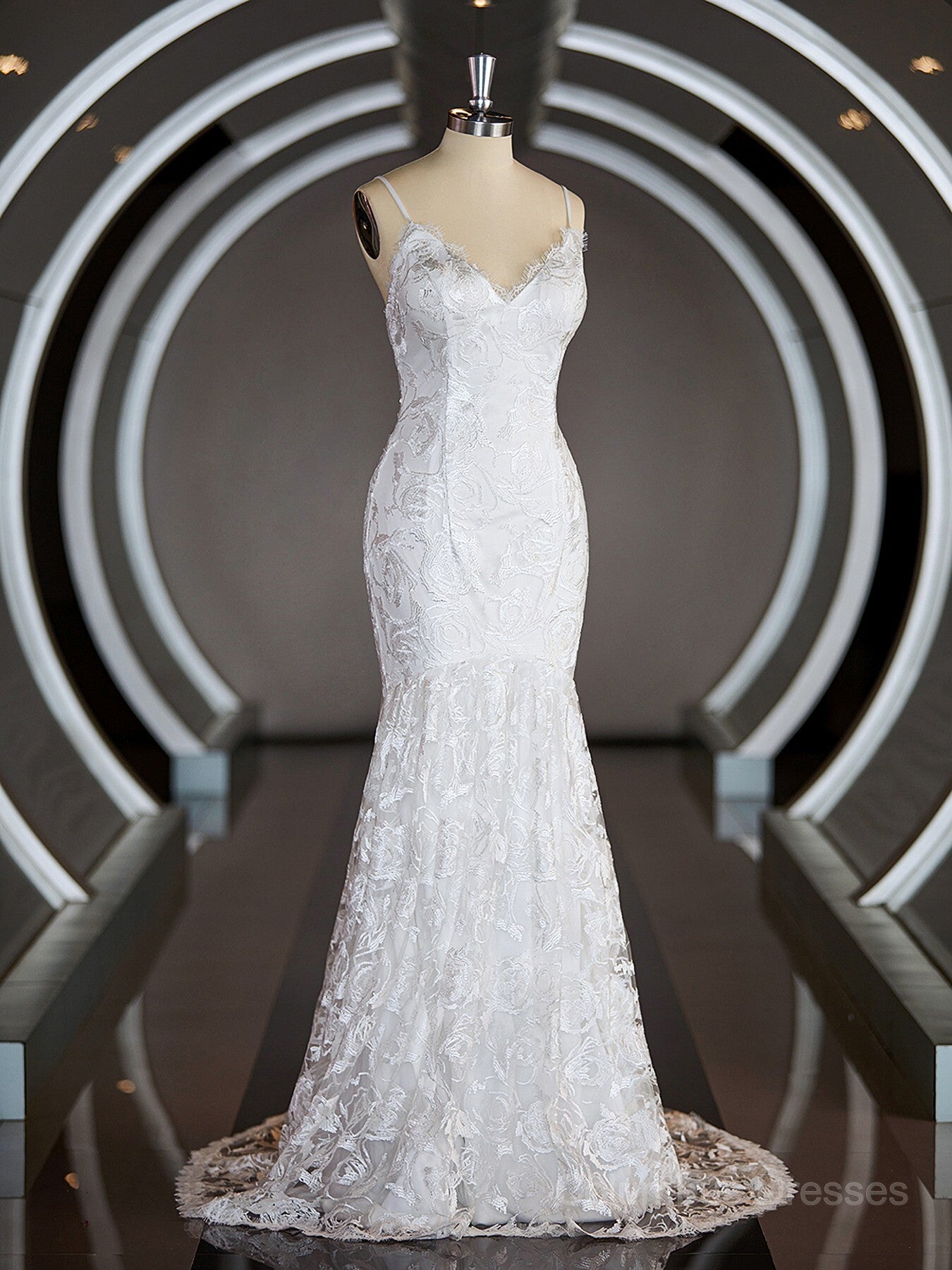 Wedding Dresses Elegant Simple, Sheath/Column V-neck Sweep Train Lace Wedding Dresses with Appliques Lace Main image