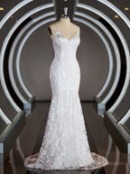 Wedding Dresses Elegant Simple, Sheath/Column V-neck Sweep Train Lace Wedding Dresses with Appliques Lace