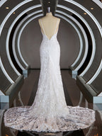 Wedding Dress Under 5007, Sheath/Column V-neck Sweep Train Lace Wedding Dresses with Appliques Lace