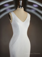 Wedding Dresses Classic Elegant, Sheath/Column V-neck Sweep Train Stretch Crepe Wedding Dresses with Ruffles