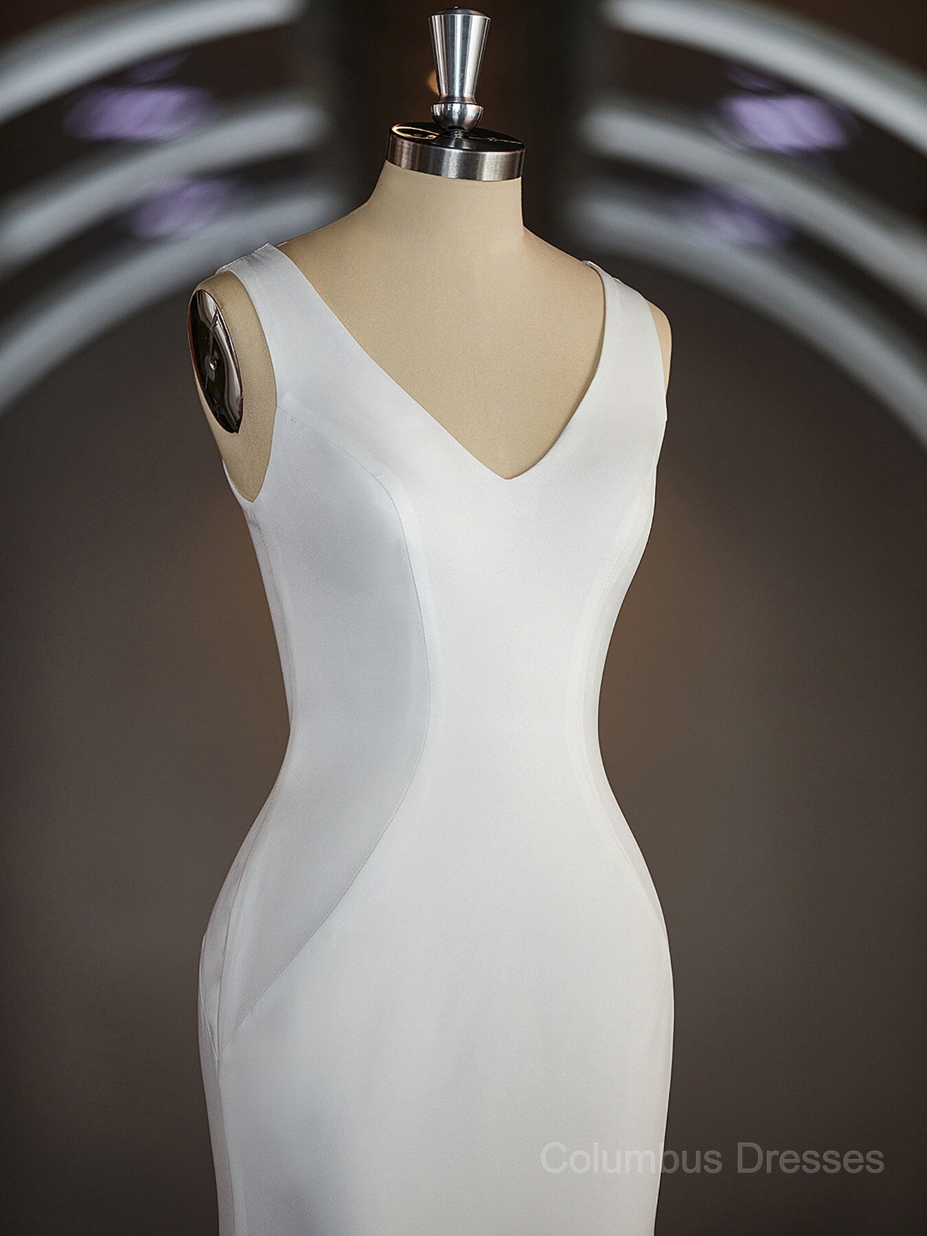 Wedding Dresses Classic Elegant, Sheath/Column V-neck Sweep Train Stretch Crepe Wedding Dresses with Ruffles