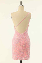 Party Dress Jeans, Sheath One Shoulder Sequins Strap Back Mini Homecoming Dress
