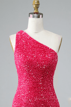 Bridesmaid Dress Pink, Sheath One Shoulder Straps Back Sequins Mini Homecoming Dress