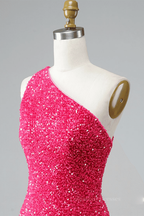 Bridesmaids Dress Pink, Sheath One Shoulder Straps Back Sequins Mini Homecoming Dress