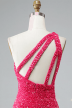 Bridesmaids Dresses Pink, Sheath One Shoulder Straps Back Sequins Mini Homecoming Dress