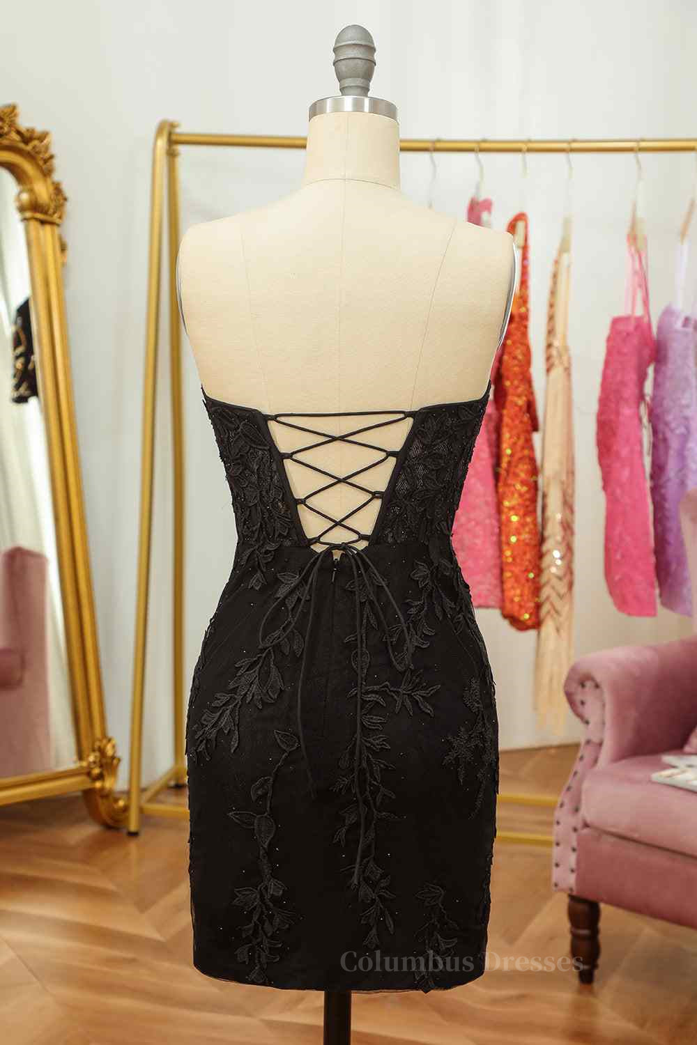 Party Dress Wedding Guest Dress, Sheath Strapless Appliques Lace-Up Back Mini Homecoming Dress