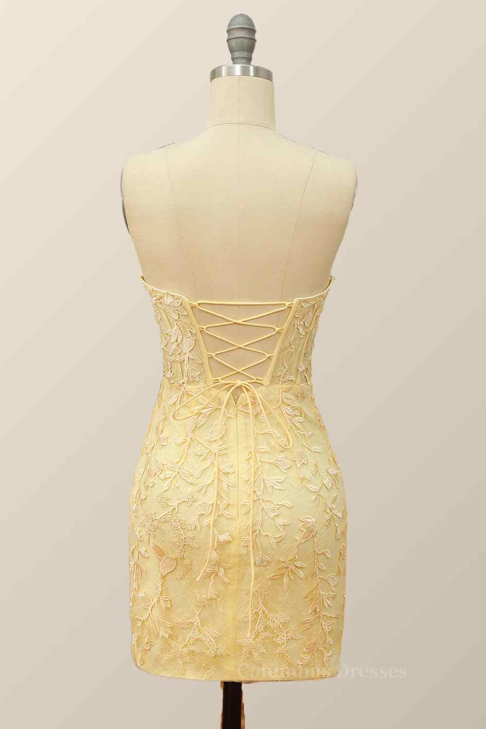 Party Dress Shiny, Sheath Strapless Appliques Lace-Up Back Mini Homecoming Dress