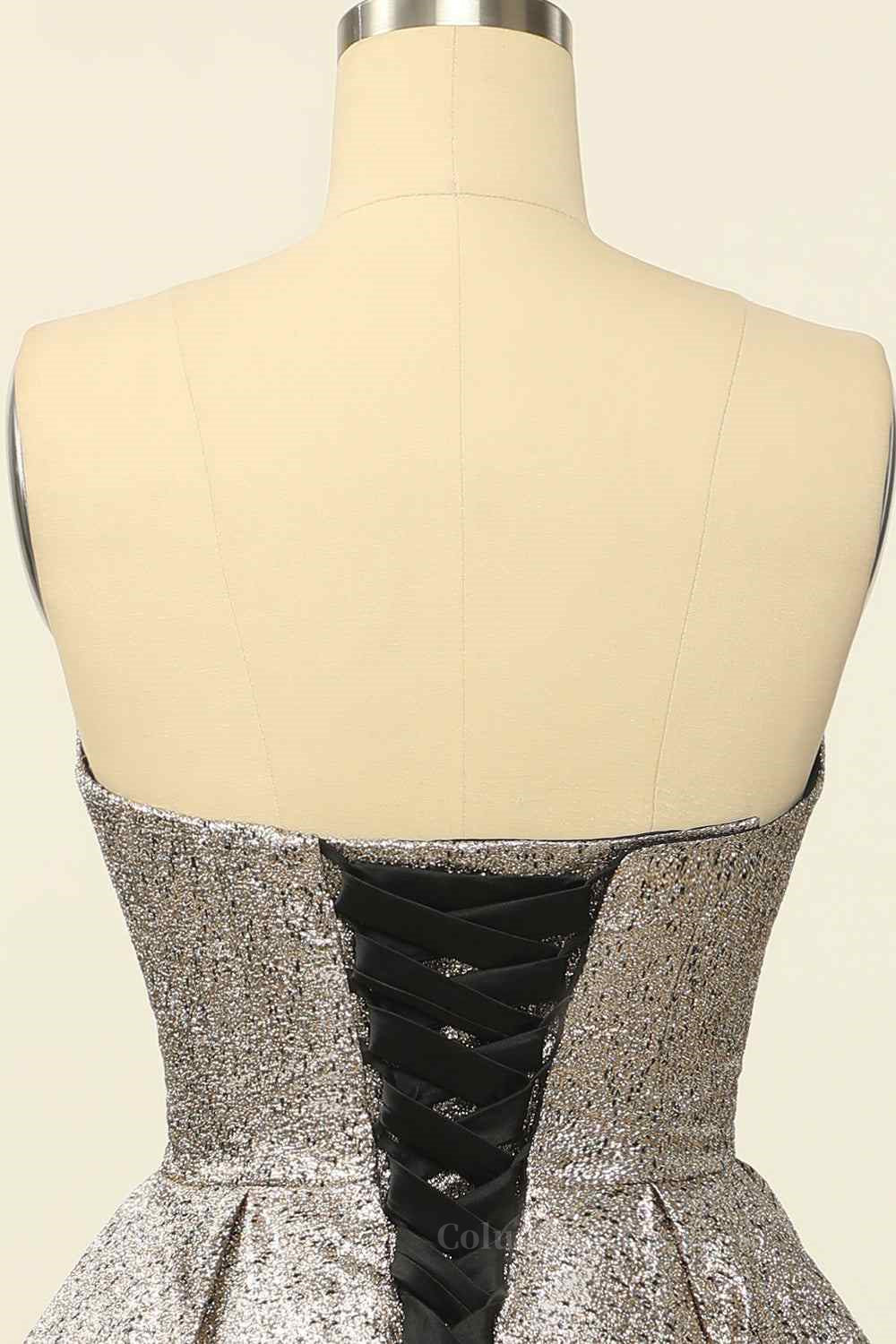 Bridesmaid Dress Dusty Blue, Silver A-line Strapless Sweetheart Lace-Up Back Mini Homecoming Dress