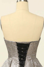 Bridesmaid Dress Dusty Blue, Silver A-line Strapless Sweetheart Lace-Up Back Mini Homecoming Dress