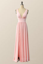 Prom Dress V Neck, Simply Pink Empire A-line Maxi Dress with Slit
