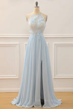 Bridesmaid Dress Fall Colors, Sky Blue A-line Bateau Tulle 3D Applique Long Prom Dress