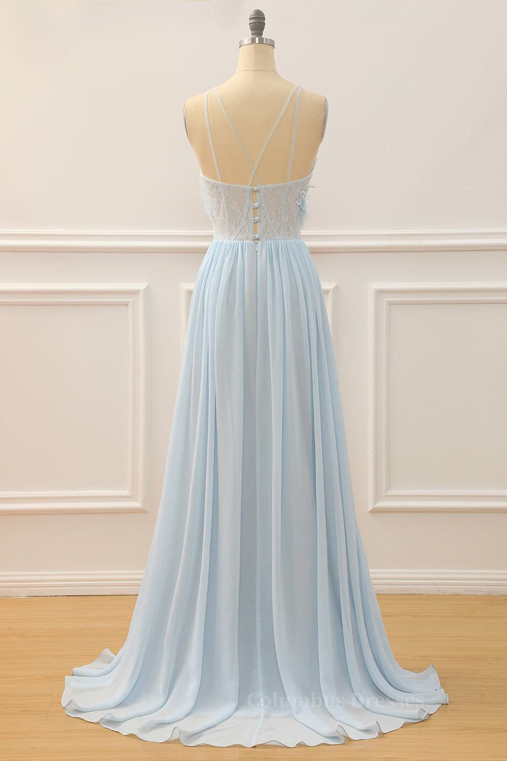 Bridesmaid Dressing Gown, Sky Blue A-line Bateau Tulle 3D Applique Long Prom Dress Main image